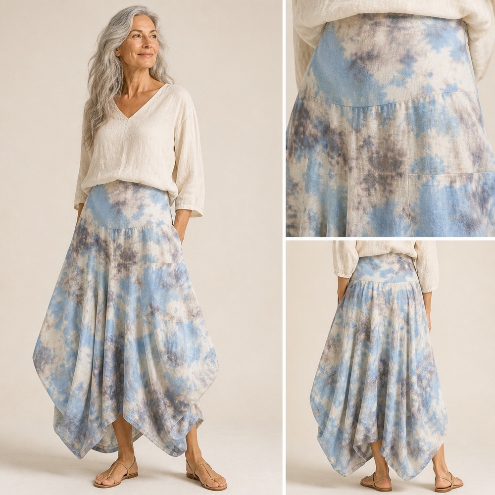 Luna Luz Linen Cotton Parachute Skirt S Blue Tie Dye Balloon Asymmetrical